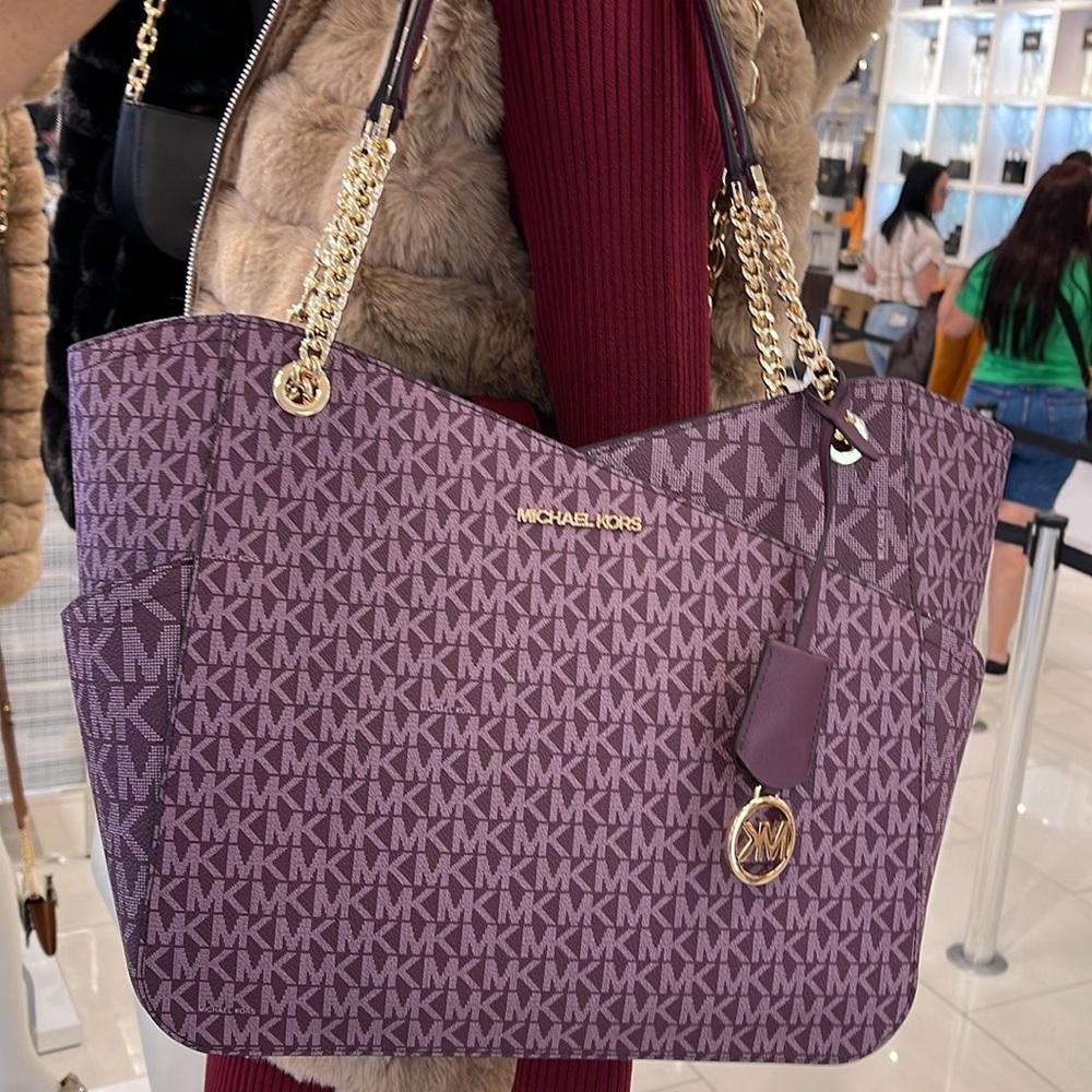 Michael Kors Jet Set Travel Large Chained Tote Shoulder Bag MK Bordeaux Multi - Picture 9 of 16